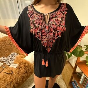 Embroidered Black and Pink Women's Top